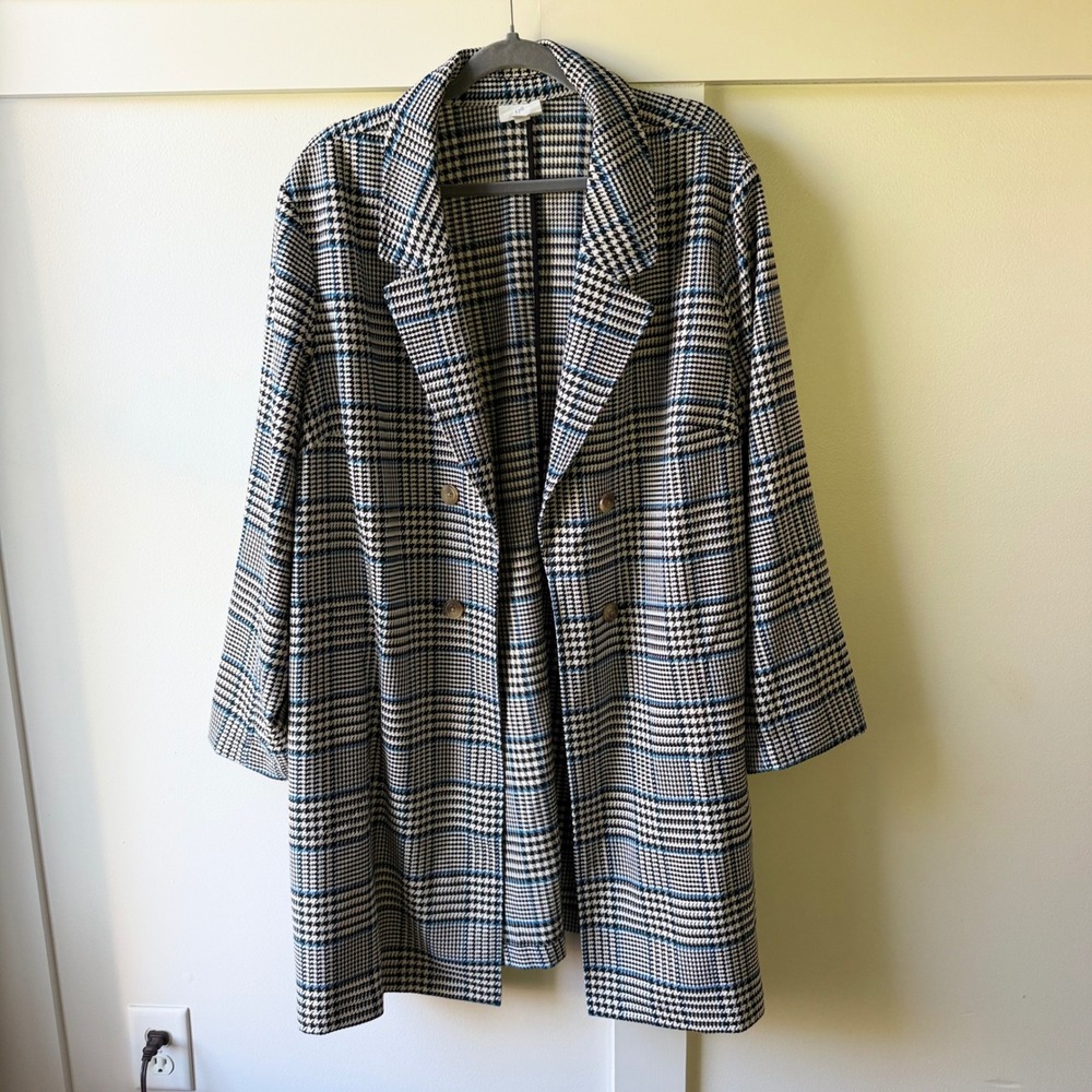 J. Jill Blazer Coat Jacket Blue Black Glen Plaid Double Breasted Open Front 2X